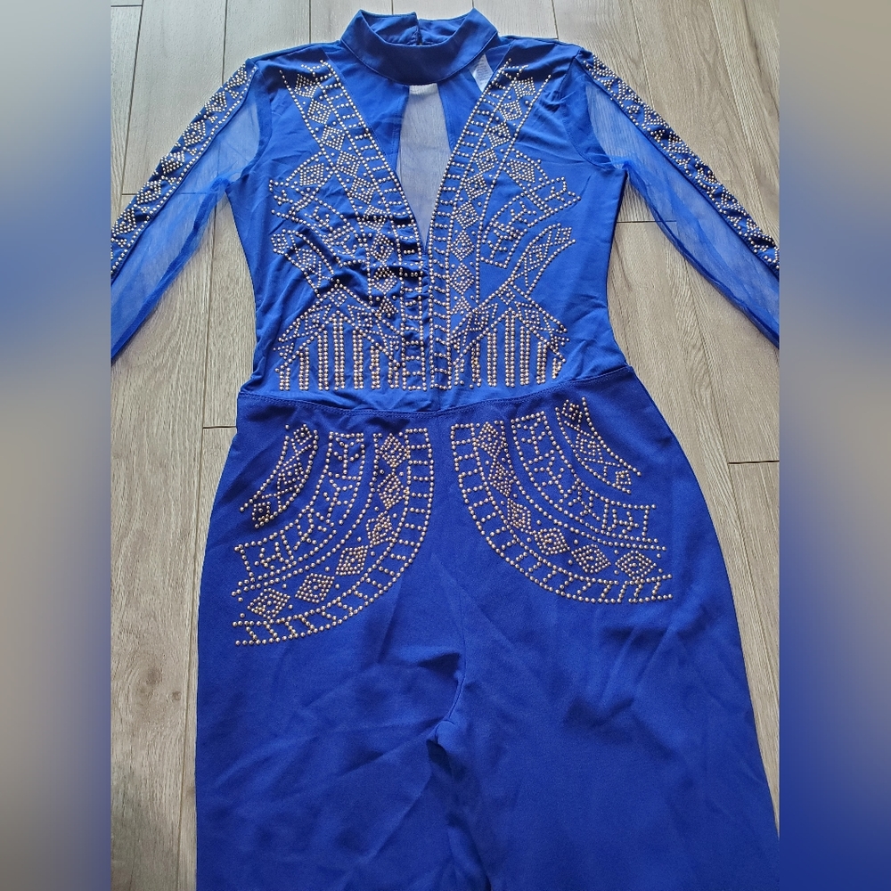 CLEO Apparel Blue Jumpsuit with Rhinestones Bling Size Med NWOT